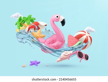 Vacaciones de verano. Juguete inflable Flamingo, sandía, palmeras, concha, salpicadura de agua 3d elementos vectoriales realistas