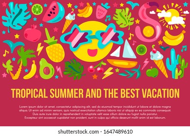 Summer vacation flat banner template. Tropical summer poster with text space. Resort cartoon icons