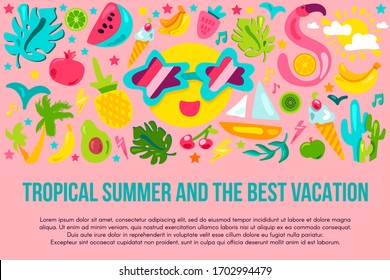 Summer vacation flat banner template. Tropical summer poster with text space. Resort cartoon icons