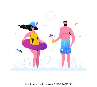 Summer vacation - flat design style illustration on white background. A composition with cute characters, man and woman on the beach, resting, sunbathing, drinking cocktails. Traveling concept