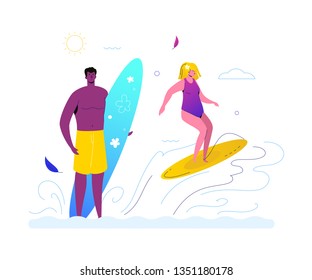 Summer vacation - flat design style illustration on white background. A composition with cute characters, man with surfboard, woman surfing, on the wave. Traveling, active lifestyle, sport concept