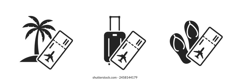 summer vacation flat icons. palm tree, luggage, flip flops and flight ticket. travel and journey symbols. isolated vector images for tourism design