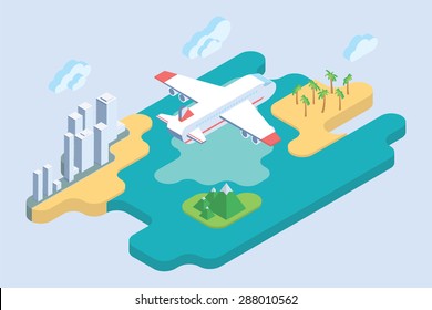 Summer Vacation. Flat Isometric Art. Airliner Travel Vector Illustration.