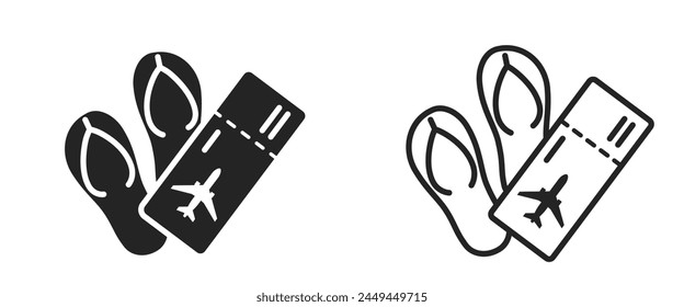 summer vacation flat and line icons. flip flops and flight ticket. sea travel and beach symbols. isolated vector images for tourism design