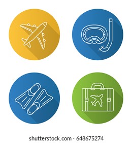 Summer vacation flat linear long shadow icons set. Airplane flight, aqualung, flippers, luggage suitcase. Vector line illustration