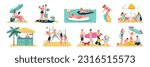 Summer vacation flat set of people resting sunbathing swimming relaxing on sandy beach isolated vector illustration