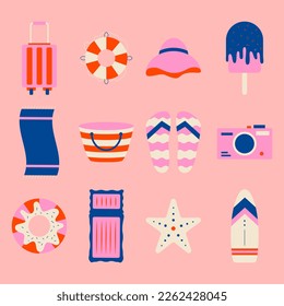 Summer vacation flat vector icon set in retro style color. Summer travel and relax concept. Vacation illustration with suitcase, starfish, flip flops and things for summer traveling Beach rest holiday