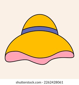 Summer vacation flat vector icon beach hat in retro style color. Summer travel and relax concept. Vacation illustration. Beach rest , summer holidays. Woman hat