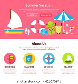 Summer Vacation Flat Web Design Template. Vector Illustration for Website banner and landing page. Holiday Travel and Resort Header with Icons Modern Design.