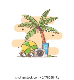 Summer vacation with float,coconut tree,sunblock,yellow hat,yellow slip and camera concept . Travel items on the beach. Vector.