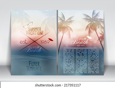 Summer Vacation Flyer Design with Palm Trees and Paradise Island - Vector Illustration