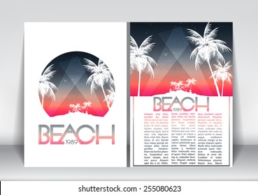 Summer Vacation Flyer Design With Palm Trees And Paradise Island - Vector Illustration