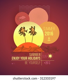 Summer vacation flyer design with palm trees, summer on the beach.