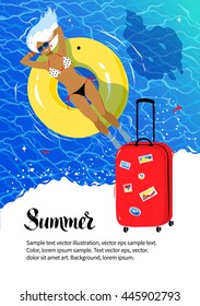 Summer vacation flyer design with red travel bag, young woman resting on yellow rubber ring and sea coast background.