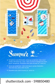 Summer Vacation Flyer Design With Sun Beds, Parasol And Seaside Accessories Near Sea Surf.