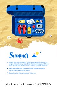 Summer vacation flyer design with top view travel suitcase with accessories on beach sand and sea surf background.