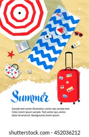 Summer vacation flyer design with top view of parasol and beach mat with accessories on sand and red travel bag.