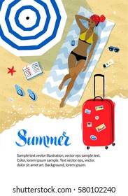 Summer vacation flyer design with travel bag and top view vector illustration of girl lying on the beach with headphones under parasol with accessories near sea surf.