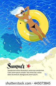 Summer vacation flyer design with young woman resting on yellow rubber ring and sea coast background.