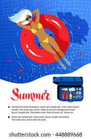 Summer vacation flyer design with young woman resting on red rubber ring in swimming pool.