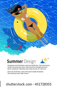 Summer Vacation Flyer Design With Young Woman Resting On Yellow Rubber Ring In Swimming Pool.