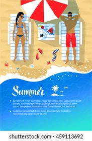 Summer vacation flyer design with young couple sunbathing on sun beds near sea surf.
