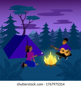 Summer vacation in a forest campsite with a tent. Man plays guitar and girl roasts marshmallow over a campfire in the evening. Detox without gadgets away from the city. Stock vector flat illustration.