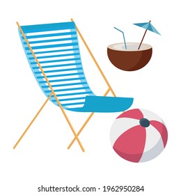 Summer vacation in the form of a set of beach ball, sun lounger and coconut cocktail