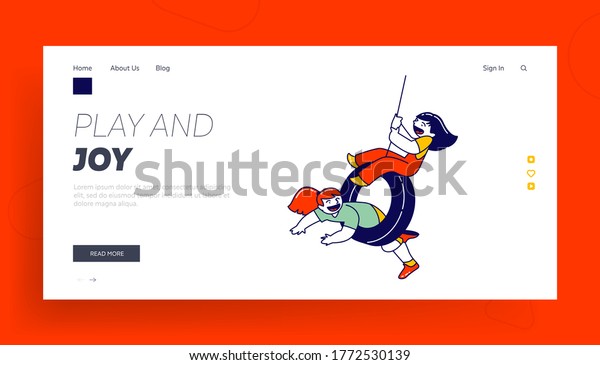 Summer Vacation, Freedom Landing Page\
Template. Children Characters Riding Swing Made of Pld Car Tires\
Hanging on Rope at Tree in Playground. Little Girls Laughing.\
Linear People Vector\
Illustration