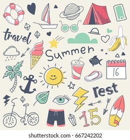 Summer Vacation Freehand Hand Drawn Doodle With Sun, Surf And Camp. Vector Illustration