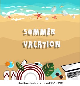 Summer Vacation. Freelancer background. Flat vector illustration. Top view