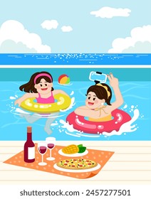 Vacaciones de verano, amigos que se divierten en la piscina