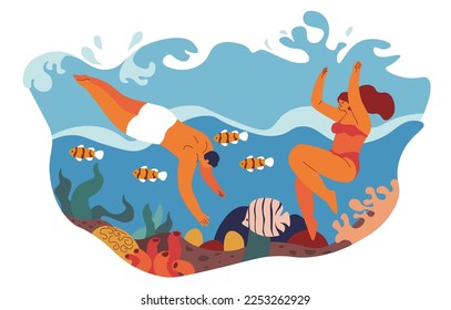 Summer vacation fun by seaside, isolated man and woman couple swimming and diving looking at fish and corals, underwater life. Rest and relax by water, honeymoon. Vector in flat style illustration