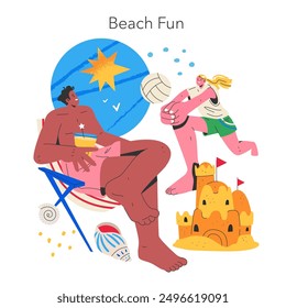 Summer vacation fun with a man relaxing on a beach chair and a child playing volleyball by the sea. Sand castle and summery vibes. Vector illustration.