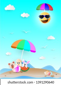 Summer vacation. Funny animal on the beach with the sun wearing sunglasses