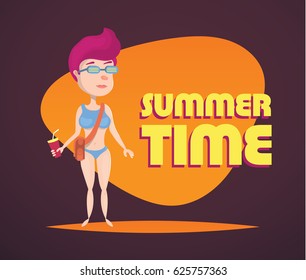 Summer vacation, Summer girl, Relax time, Summer break, Vector illustration