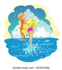summer vacation, a girl with a swimming circle emerges from the sea waves