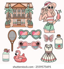 Summer Vacation Girl Vector Clip Art Set – Feminine Vintage Aesthetic