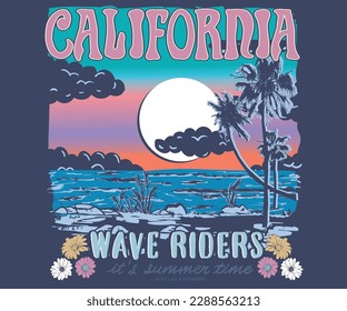 Summer vacation graphic print design for t shirt print, poster, sticker, background and other uses. Palm tree colorful retro print artwork. California surfing beach. Wave riders design. Beach flower.