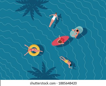 Gruppe junger Menschen schwimmen in einem Pool, Meer. Luftbild. Flaches Design, Illustration.