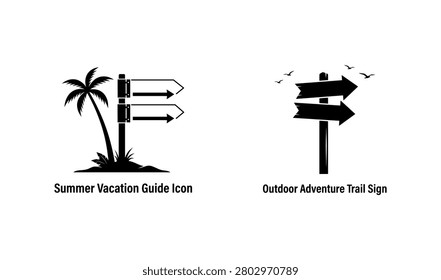 Summer vacation guide icon and outdoor adventure trail signpost silhouette vector set. Travel direction arrow, hiking pathway pointer, tropical palm tree beach holiday, route navigation illustration.