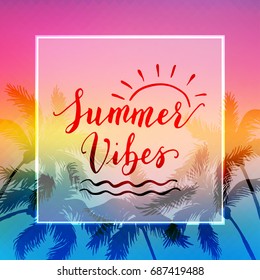 Summer Vacation hand drawn brush lettering on sunset background with palm trees silhouettes. Vector illustration.