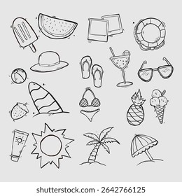 Summer Vacation Hand Drawn Doodle Illustration Beach, Sun, and Fun