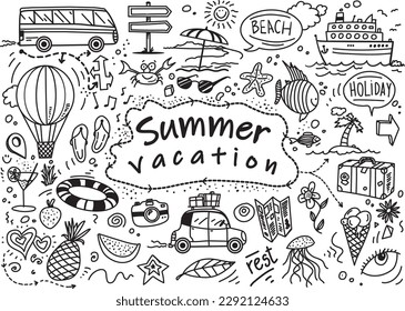 Doodles dibujados a mano de vacaciones de verano, iconos vectoriales en fondo blanco