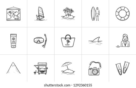 Summer vacation hand drawn outline doodle icon set. Outline doodle icon set for print, web, mobile and infographics. Tourism and beach vector sketch illustration set isolated on white background.