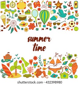 Summer vacation hand drawn vector elementss and objects, beach symbols.