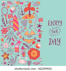 Summer vacation hand drawn vector elementss and objects, beach symbols