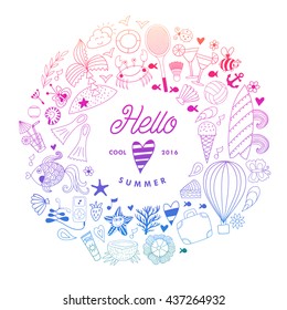 Summer vacation hand drawn vector elementss and objects, beach symbols