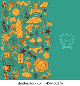 Summer vacation hand drawn vector elementss and objects, beach symbols