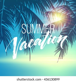 Escritura a mano de vacaciones de verano. Tipografía, letras y caligrafía. Plantilla de diseño de póster y volante. Paisaje de verano con palmeras y mar. Ilustración del vector EPS10